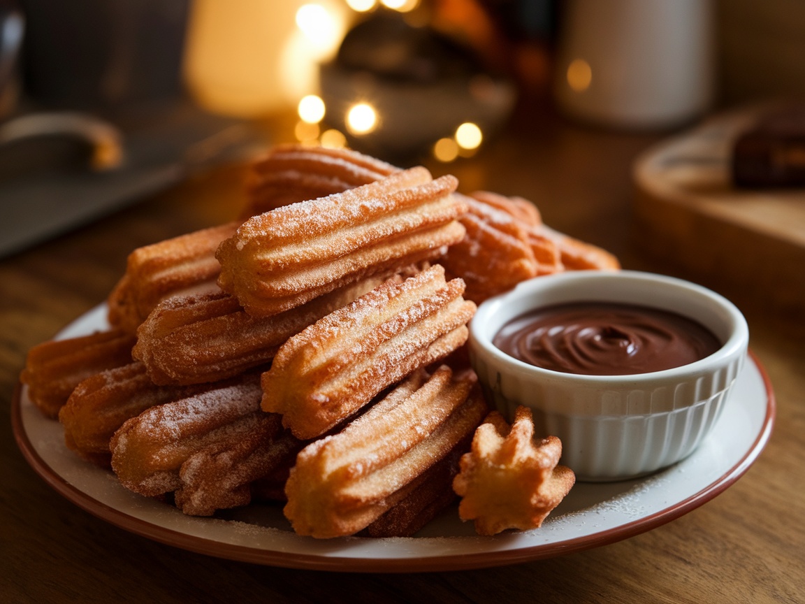 A plate of crispy homemade churros dusted with cinnamon sugar, accompanied by a bowl of chocolate sauce, set in a cozy kitchen.